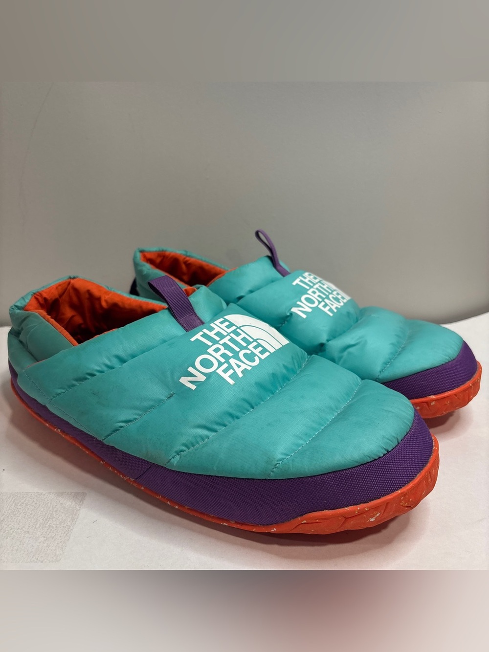 The North Face Men's Teal Orange Slip-On Nuptse Mules Slippers Shoes Size 14
